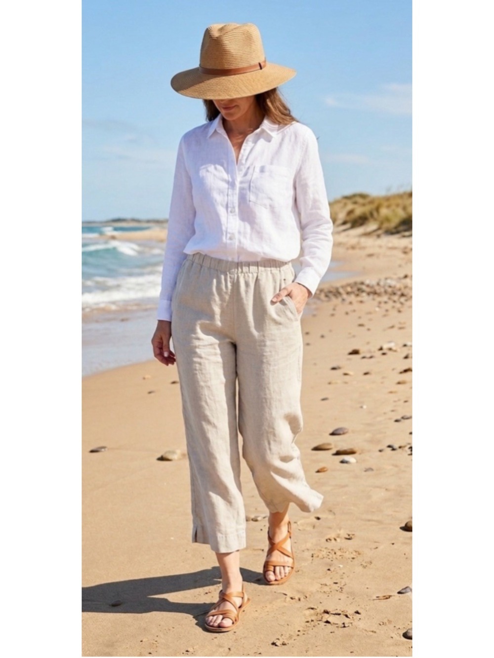 J JIll 100% Linen Wide Leg Crop Pants XL Oversized Beige Loose Resort Boho Beach